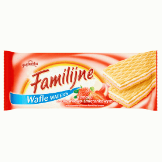 Wafle Familijne o smaku truskawkowo-śmietankowym 180 g Jutrzenka