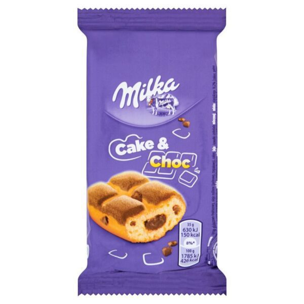 Ciastko Milka Cake & Choc biszkoptowe z kawałkami czekolady mlecznej i nadzieniem czekoladowym 35 g