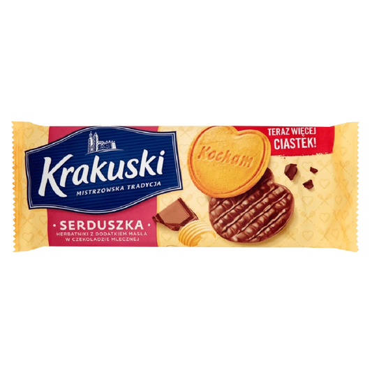 Herbatniki krakuski serduszka z dodatkiem masła w czekoladzie mlecznej 171g Bahlsen