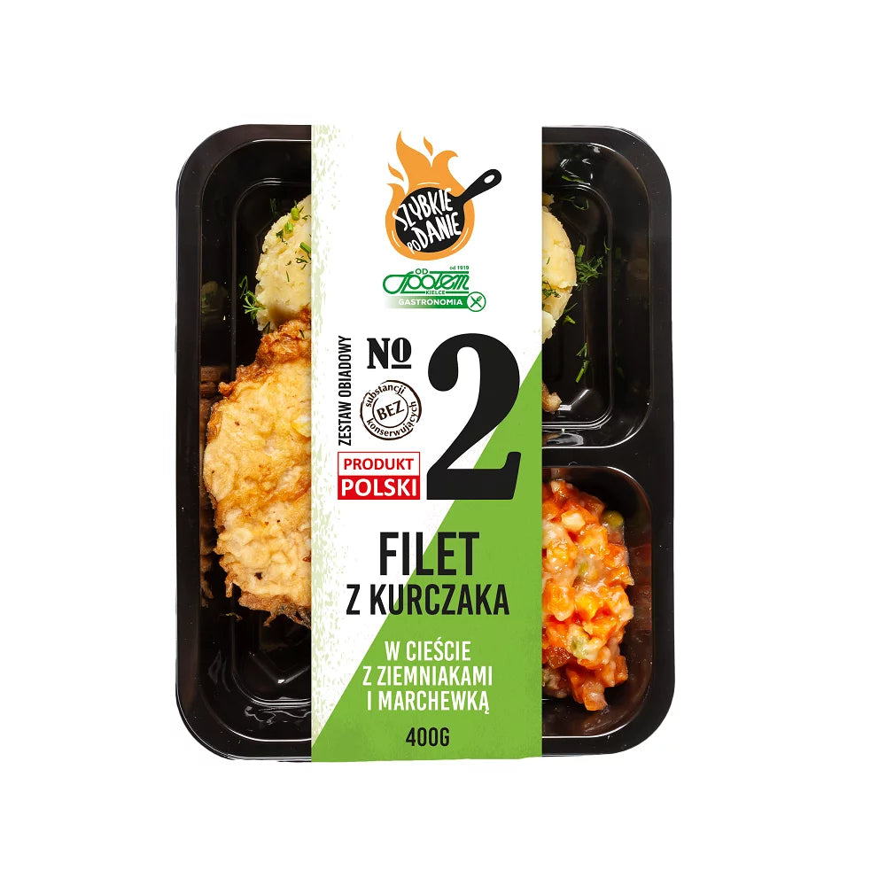 Zestaw obiadowy – filet z kurczaka w cieście, ziemniaki, marchewka z groszkiem 400g Społem PSS Kielce