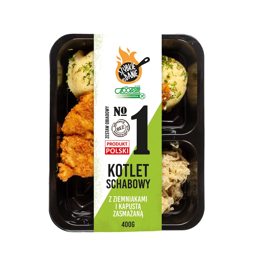 Zestaw obiadowy – kotlet schabowy, ziemniaki, kapusta zasmażana 400g Społem PSS Kielce